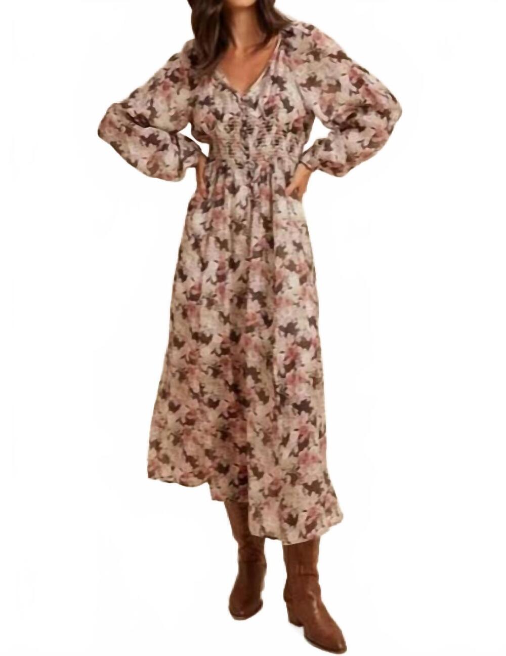 NEW IN-LOOM women's romantic floral smocked dress in beige